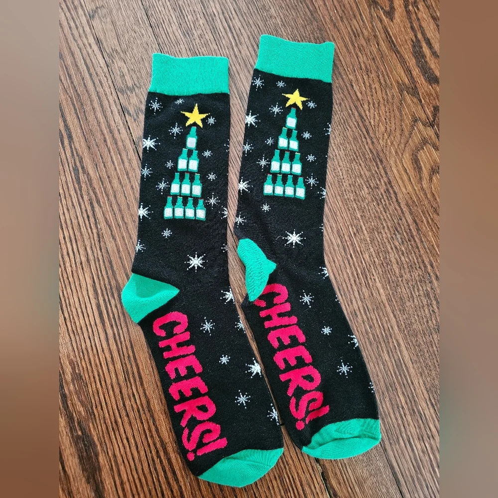 Festive Black and Green with Christmas Tree Beer Design Christmas Socks